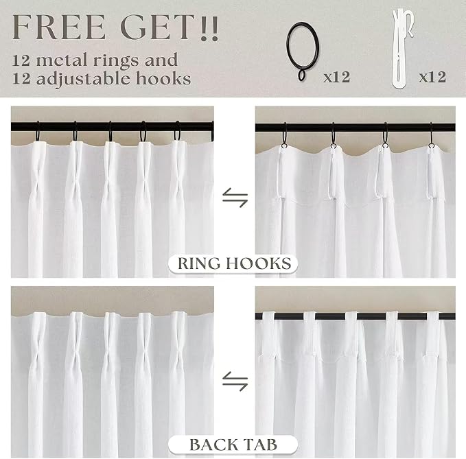 Snow White Pinch Pleated Linen Semi Sheer Curtains 54 Inch Length 2 Panels | - Image 5
