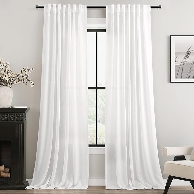 White Curtains 94 inches Long 2 Panels Back Tab Light Filtering Cotton Textured by Jolilight