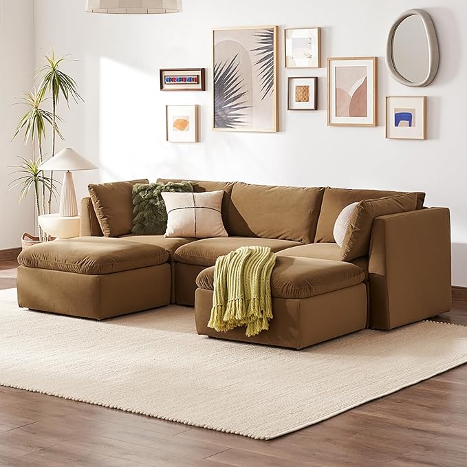 mopio Oversized Modular Sectional Sofa with Fully Removable Covers and Storage, Convertible U, L-Shaped and Sleeper Sectional, Modern Couches with Ottoman Chaise (Hazelnut Velvet, 5 Seats, U)