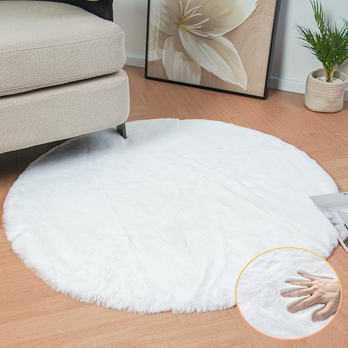 ORINOVA White Faux Fur Round Rug 4ft Fluffy Rabbit Fur Rug Machine Washable by ORINOVA