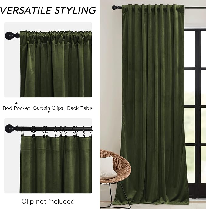 RYB HOME Olive Green Velvet Curtains 63 inches Length - Image 2