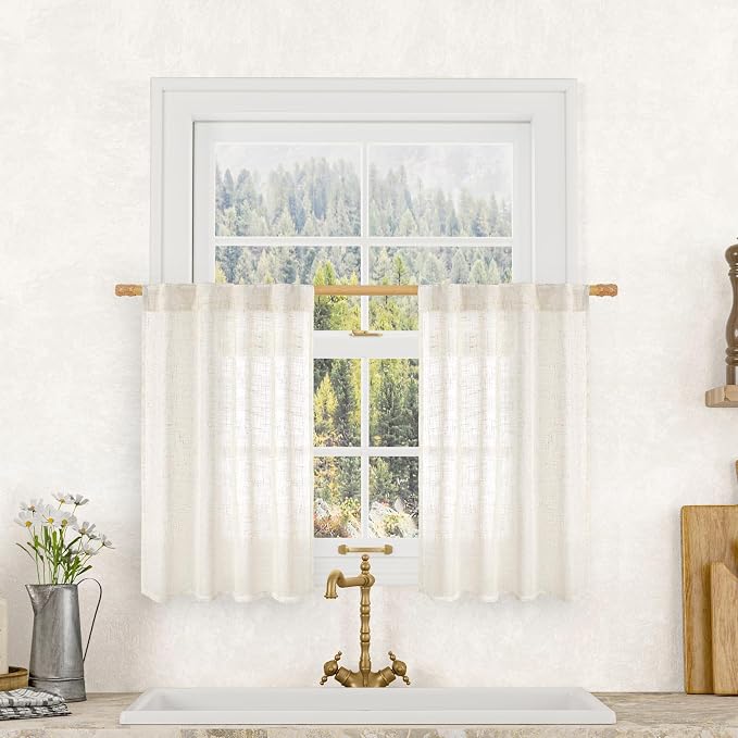 Cream Linen Kitchen Curtains 30 Inch Length by LAMIT