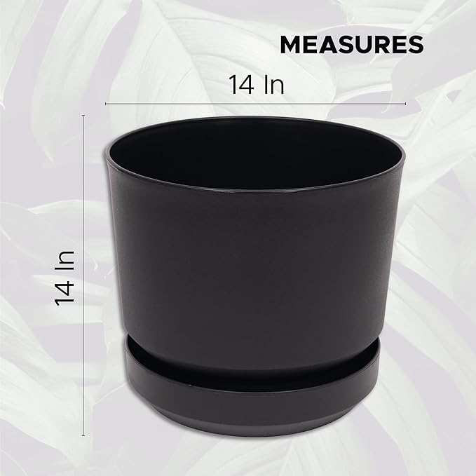 Elly Décor 14 inch Plastic Cylinder Planter Pot with Self-Watering Saucer and Drainage Hole,Lightweight & Extremely Durable, 14"x 14", Charcoal