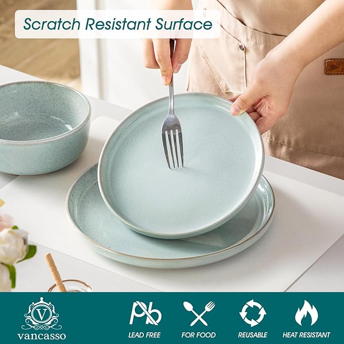 vancasso ANYA 18 Pieces Plates and Bowls Set, Mint Green Dinnerware Sets, Reactive Glaze Dishes Set for 6, Ceramic Dishware Sets Kitchen Dinner Set, Microwave & Dishwasher Safe