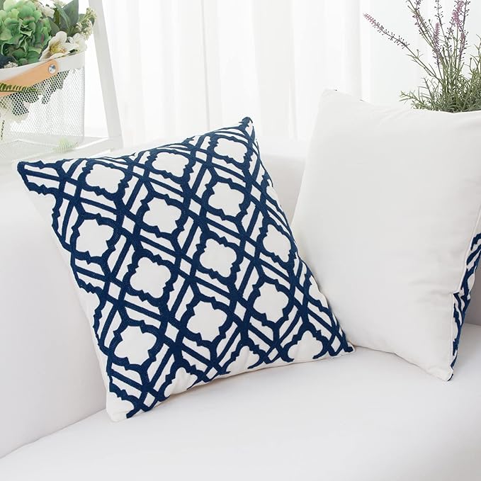 HWY 50 Dark Blue Decorative Throw Pillow Covers 18x18 Inch, Pack of 2 Embroidered Cotton Farmhouse Cushion Cover Pillow Case for Sofa Couch Living Room Bed Bedroon, Trellis
