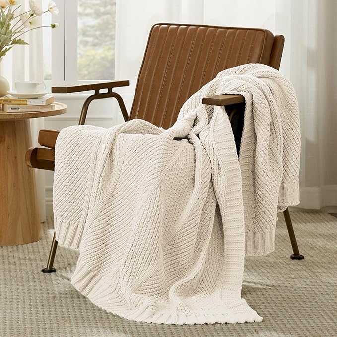 Amélie Home Chenille Knit Throw Blanket for Couch, Chevron Texture Decorative Soft Blanket for Sofa, Bed & Chair, 60"x80", Ivory