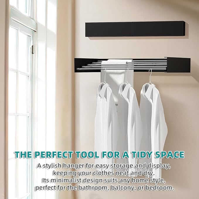 Laundry Drying Rack Collapsible, Wall Mounted Clothes Drying Rack. 39.37" Wide, 19.3 Linear Ft, 5 Aluminum Rods, with Wall Template, Screwdriver Bit (Black 1M)