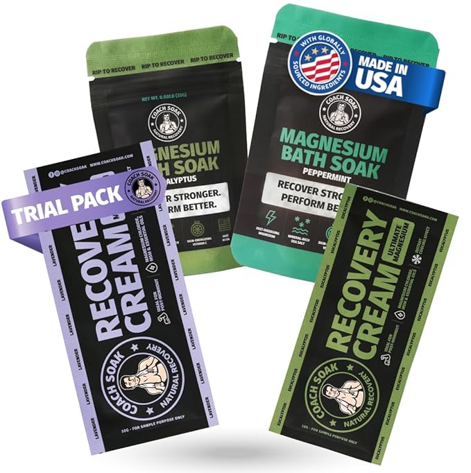 Coach Soak Magnesium Flakes & Lotion Trial Pack - Soothing Menthol Lotion & Bath Soak - 0.18 Lb Sachets - Lavender, Eucalyptus & Peppermint Scents