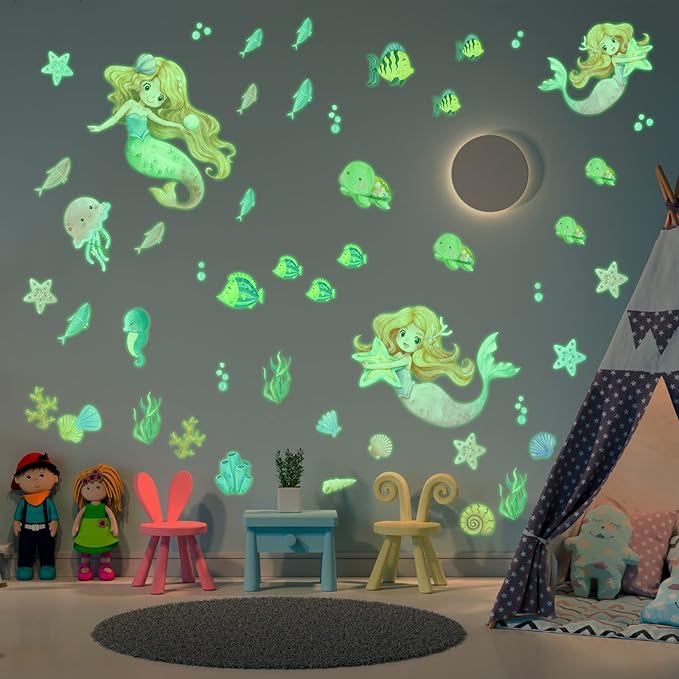 Glow in The Dark Stars Mermaid Wall Decals, Turtle Ocean Fish Stickers for Ceiling, DIY Wall Decor for Nursery Playroom Living Room, Birthday Christmas Gift