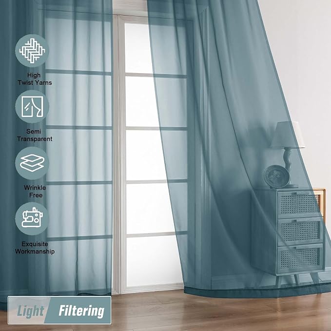 Dusty Blue Sheer Curtains 63 Inch Length 2 Panels, Voile Sheer Curtain - Image 5