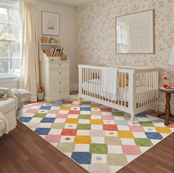 jinchan Area Rug 5x7 Kids Washable Indoor Floor Cover Non-Slip Modern Soft Rug Elementary School Classroom Colorful Diamond Carpet for Nursery Playroom Daycare Bedroom Living Room Circus on Cream