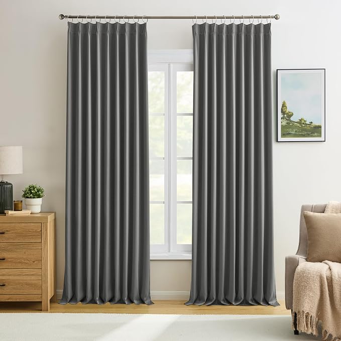 Grey Blackout Curtains 95 Inches Long 2 Panels Set, 60 Inch Wide Pinch Pleated by KEQIAOSUOCAI