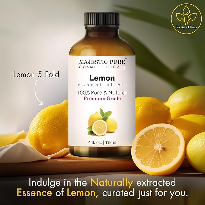 Majestic Pure Lemon Essential Oil with Glass Dropper - Huge 4 Fl Oz - 100% Pure and Natural Lemon Oil - Premium Grade Essential Oils for Diffuser, Aromatherapy, Soap and Candle Making