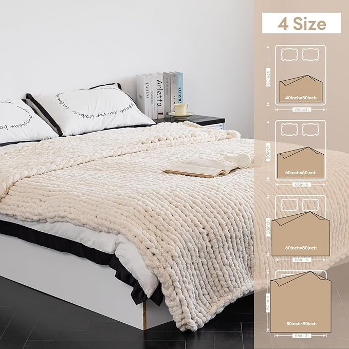 Chunky Knit Blanket - Luxury Soft Cozy50 * 60 Throw Blanket,100% Woven Blanket Rope Knot Throw Blanket for Couch, Sofa, Home Decor, Gift - Machine Washable（Cream）