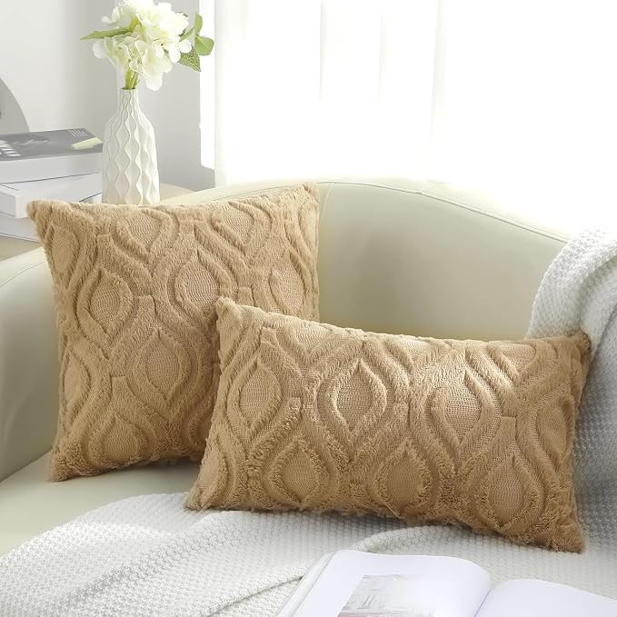 decorUhome Throw Pillow Covers 18x18 Inch Set of 2, Soft Plush Faux Wool Khaki - Image 8