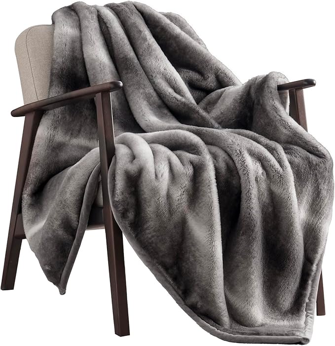 Ultra Soft Luxury Fluffy Mink Faux Fur Throw Blanket, Thick Warm Fall Winter Blankets for Bed, Couch, Cozy Plush Reversible Blanket for Chair, Sofa (Ombré Silver Onyx, 60"x80")
