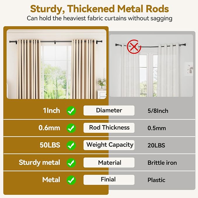 YaFex Curtain Rods 2 Pack 32-84 Inch, Heavy Duty 1 Inch Curtain Rod, Modern - Image 9
