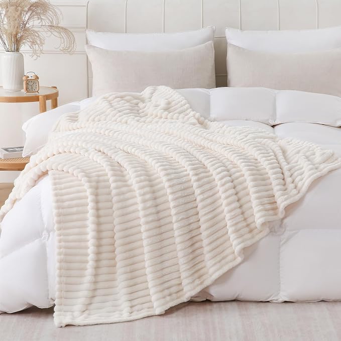 Cream White Throw Blanket for Couch Sofa 60x80 inches Striped Design | Fleece by Unknown
