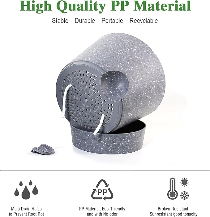 Self Watering Pots for Indoor Plants,12 inch Planters with Drainage Holes Plastic Flower Pots with Deep Reservoir, Grey Speckles