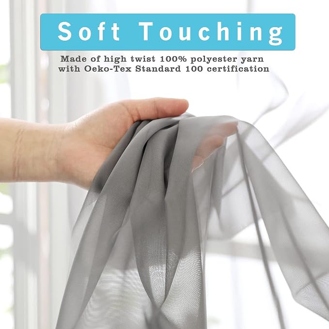 Charcoal Grey Sheer Curtains 36 inches Long, Short Kitchen Window Treatment - Image 3