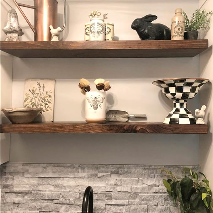 URBANDI, Rustic Floating Shelves, Set of 2, Hidden Bracket, Solid Wood, Heavy Duty, Wall Mounted Shelves, (Provincial, 48Wx12D)