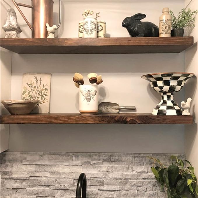 URBANDI, Rustic Floating Shelves, Set of 2, Hidden Bracket, Solid Wood, Heavy Duty, Wall Mounted Shelves, (Provincial, 12Wx12D)