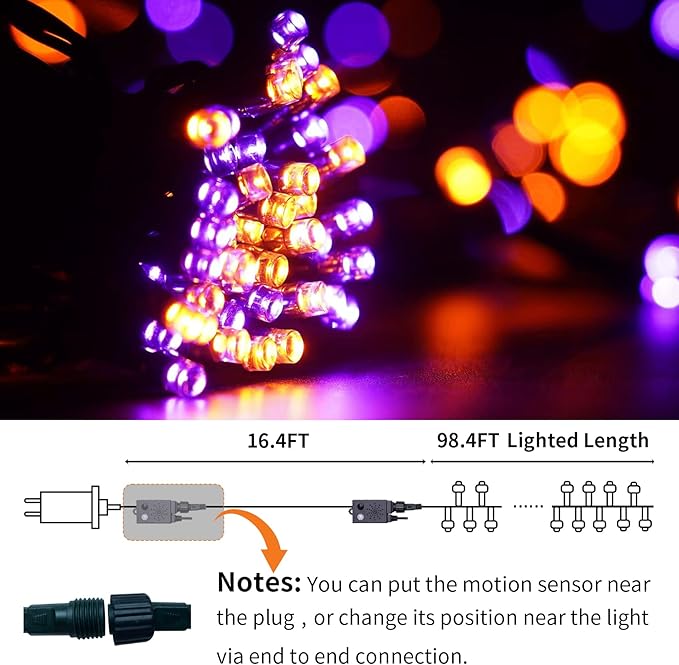 Rotu Halloween String Lights Outdoor with Music Sync Spooky Sounds 300 LED 114.8ft Indoor Fairy String Lights Waterproof Function for Halloween Party Haunted House Decorations (Purple & Orange)