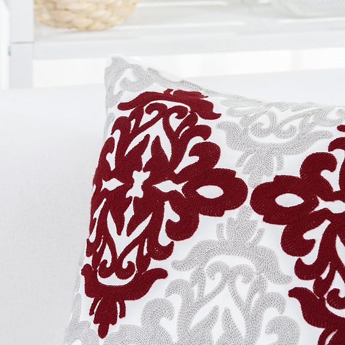HWY 50 Burgundy Red Decorative Throw Pillow Covers 18x18 Inch, Pack of 2 Embroidered Cotton Farmhouse Cushion Cover Pillow Case for Sofa Couch Living Room Bed Bedroon, Accent Geometric