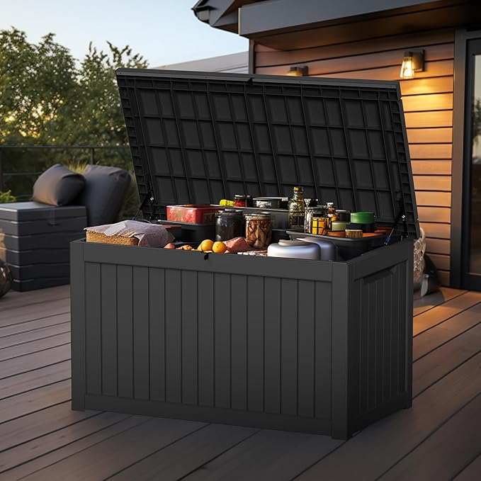 230 Gallon Outside Storage Box, Resin All Weather Storage Cabinet, Large Deck Box for Garden Tools, Patio Furniture, Sports Equipment, Black