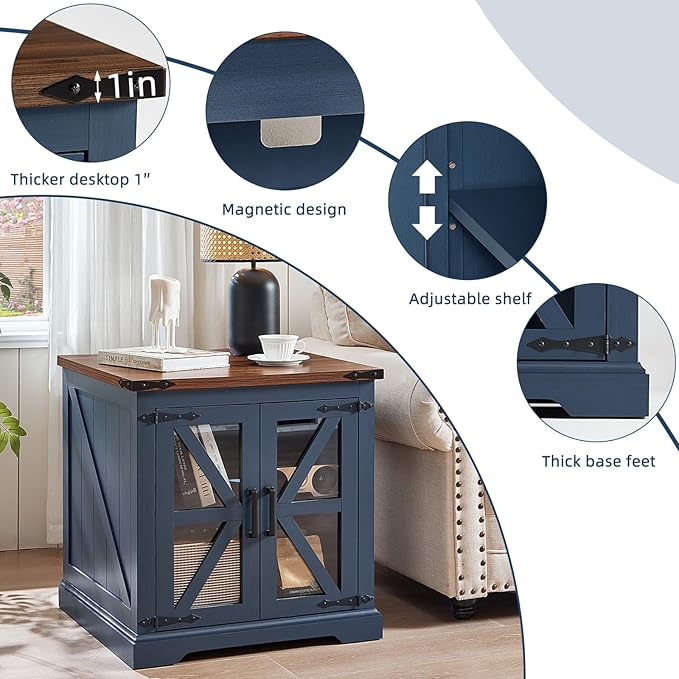 Farmhouse End Table Set of 2 with Charging Station, 24" Large Sofa Side Table with Glass Barn Door, Night Stand with Adjustable Shelf, Wood Nightstand, Square Bed Side Table for Living Room,Bedroom