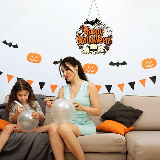 Halloween Door Wreath, Happy Halloween Sign Wooden Ghosts Skulls Bats Halloween Wreaths for Front Door, Halloween Door Decorations Indoor Outdoor Sign