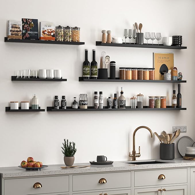 Heimlove Picture Ledge Shelf, Floating Shelves Set of 2, 72 Inches Long Large Picture Shelf for Wall with Ledge, Kids Bookshelf Wall Mounted for Living Room Bedroom Decor Books Photo Frames, Black