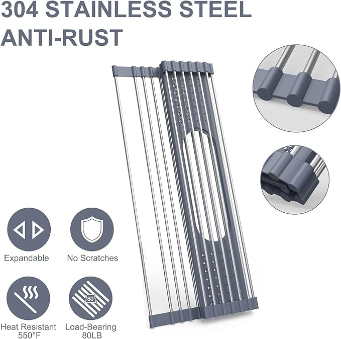 LEMIKKLE Roll Up Dish Drying Rack 17.5" x 15.2" Over The Sink Dish Drying Rack, Multi-Purpose Kitchen Rolling Dish Drainer Foldable SUS 304 Stainless Steel Dish Drying Rack