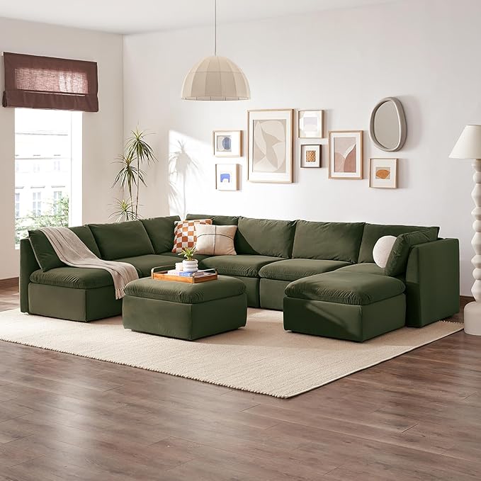 mopio Oversized Modular Sectional Sofa with Fully Removable Covers and Storage, Convertible U, L-Shaped and Sleeper Sectional, Modern Couches with Ottoman Chaise (Olive Green Velvet, 8 Seats, U)