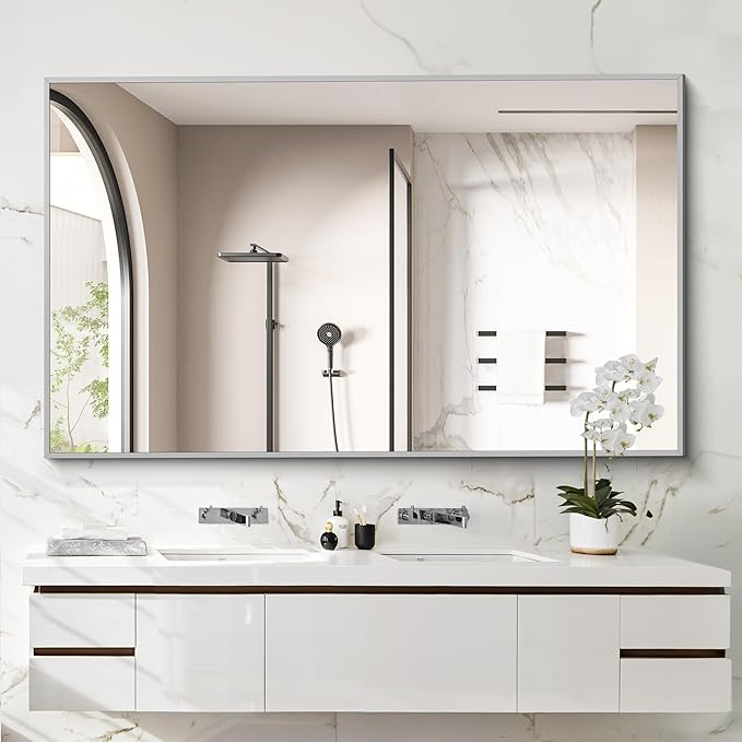 36x55 inch Bathroom Mirror, Silver Rectangle Mirror with Thin Metal Frame, Large Rectangular Wall Mirrors for Bathroom, Living Room, Big Mirror Hang Horizontal/Vertical