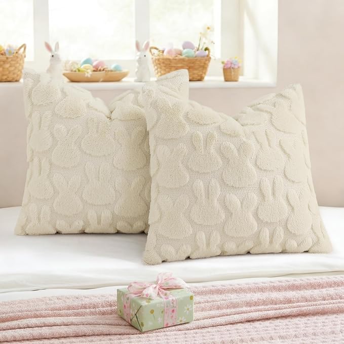 decorUhome Easter Bunny Pillow Covers 16x16 Inch Set of 2, Soft Plush Faux Wool - Image 4