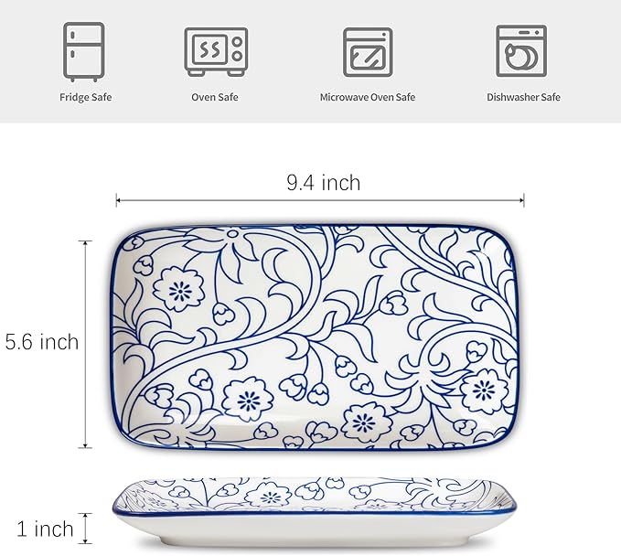 Selamica Ceramic Rectangular Salad Plates Set, Dinner Plate 9.4 Inch Dessert Plates for Party Entertaining, Small Serving Plates for Appetizers, Sushi, Fruit, Set of 4, Vintage Blue