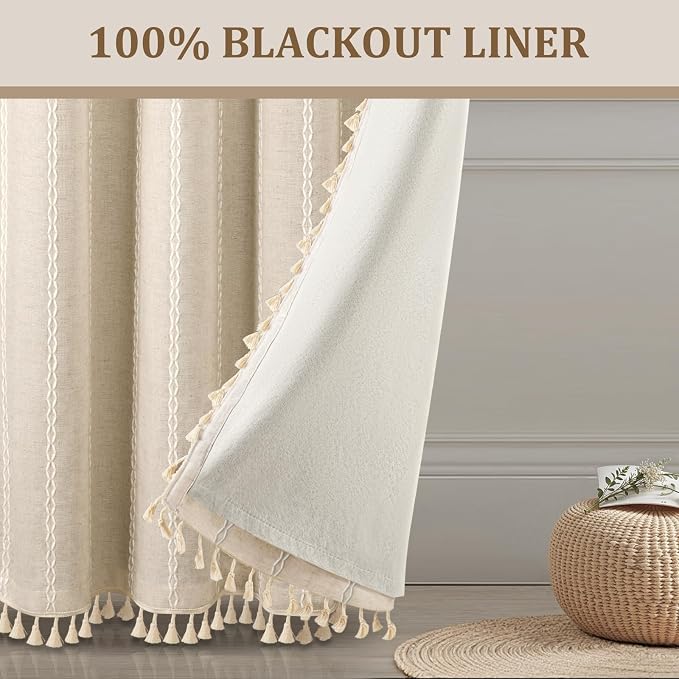 Boho Blackout Curtains 72 Inches Long Beige Linen Blend 2 Panels - Image 7