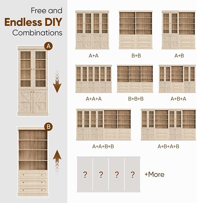 Vyre 71" Tall Farmhouse Bookshelves with Glass Doors and Drawers, Set of 2 – Large Modular Bookcase with Adjustable Shelves, Storage Cabinet for Living Room, Kitchen, Brown
