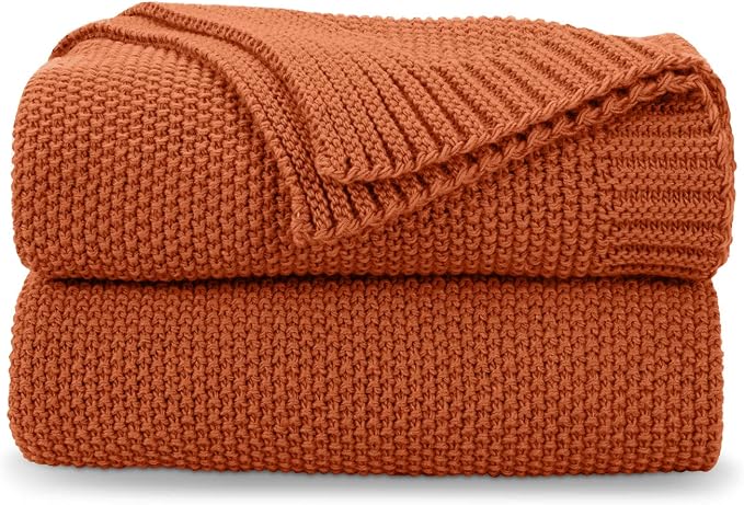 CozeCube Burnt Orange Seed Stitch Throw Blanket 60"x80", Farmhouse Decor | by CozeCube