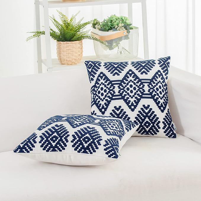HWY 50 Navy Blue Decorative Throw Pillow Covers 18x18 Inch, Pack of 2 Embroidered Cotton Farmhouse Cushion Cover Pillow Case for Sofa Couch Living Room Bed Bedroon, Diamond Geometric Design