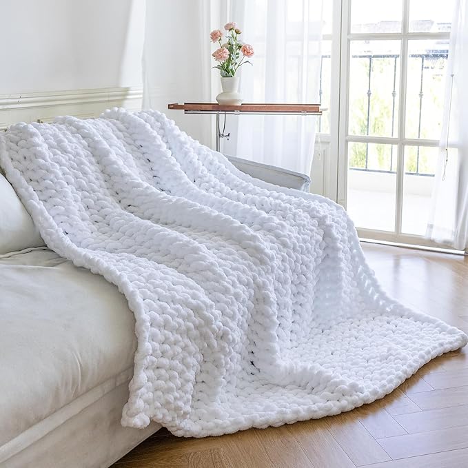 Chunky Knit Blanket - Luxury Soft Cozy 60 * 80 Throw Blanket,100% Woven Blanket Rope Knot Throw Blanket for Couch, Sofa, Home Decor, Gift - Machine Washable（White）
