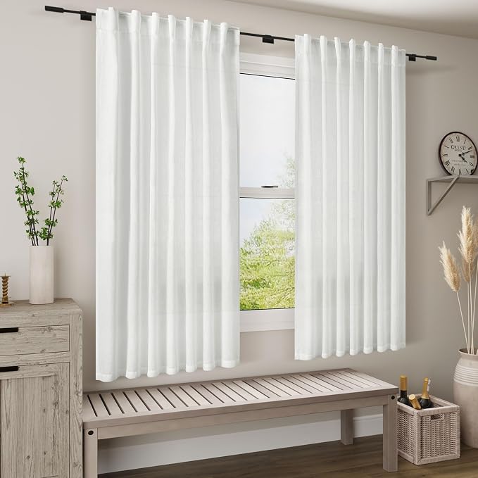 White Linen Curtains for Living Room 60 inch Length Light Filtering Semi Sheer - Image 8