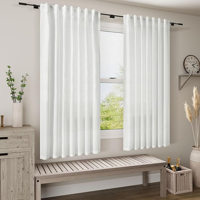 White Linen Curtains for Living Room 2 Panels Set Neutral Modern Farmhouse - Image 7