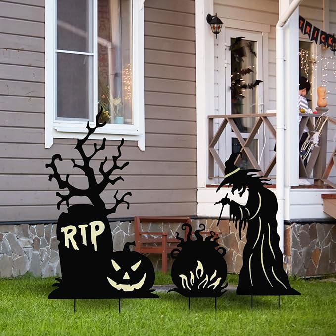 Halloween Yard Signs Outdoor Decorations，3 Pack Scary Large Witch Tombstone Cauldron Fluorescent Metal Stakes Glow in The Dark for Lawn Garden Halloween Decor (Large Witch Tombstone Cauldron)