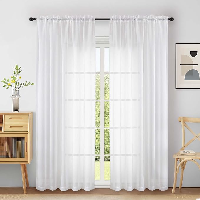 Extra Wide Sheer White Curtains 84 Inches Long 2 Panels, Soft Airy Transparent by Home