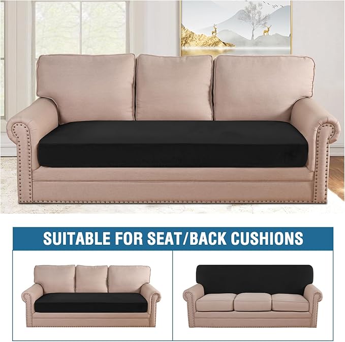 H.VERSAILTEX Velvet Stretch Individual Couch Cushion Cover Plush Cushion Slipcover for Loveseat Sofa Cushion Furniture Protector Seat Cushion Sofa Cover (1 Piece Sofa Cushion Cover, Black)