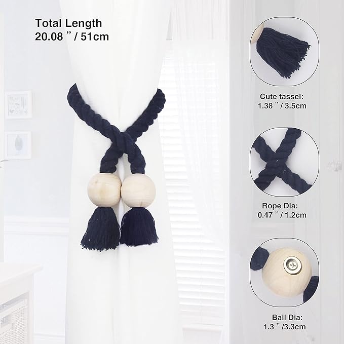 2 Pack Magnetic Curtain Tiebacks Cotton Hand Woven Tie Back Decorative Rope - Image 3