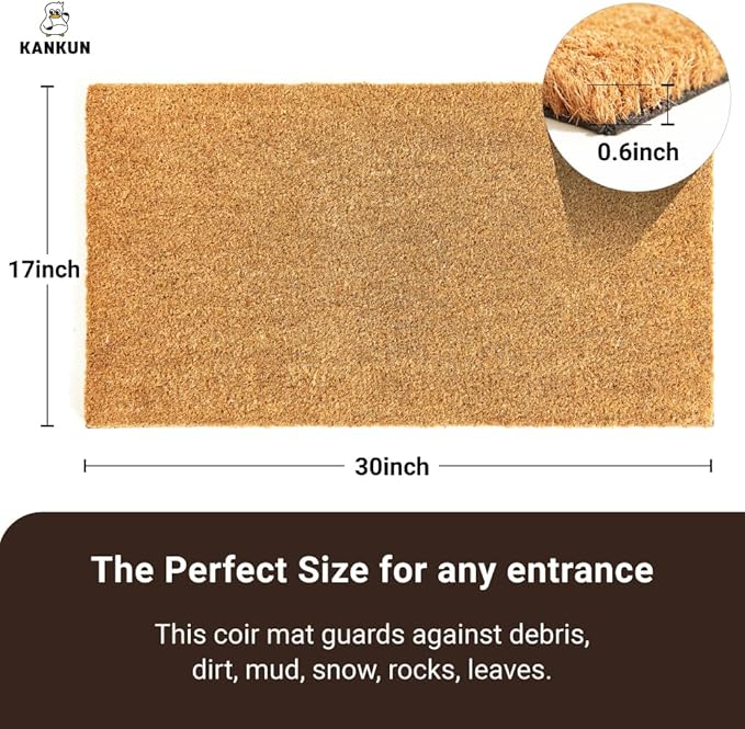KANKUN Coco Coir Door Mat with Heavy Duty Backing, Welcome Doormat (17" x 30"), Doormat Entrance (Plain - Anti Shedding)