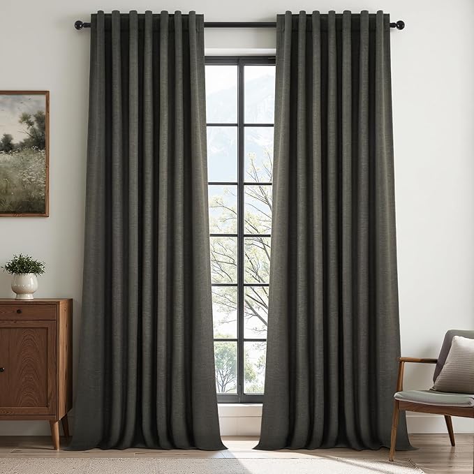 Grey Linen Black Out Curtains 96 Inches Long 2 Panels Set by Topfinel